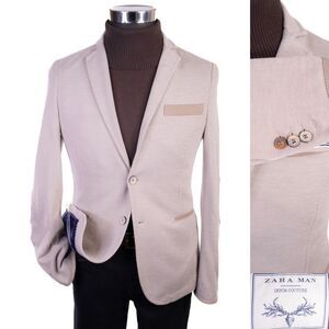 Zara Blazer Denim Couture 36 Solid Beige 2-Buttn Sport Coat Jacket Blazer Cotton